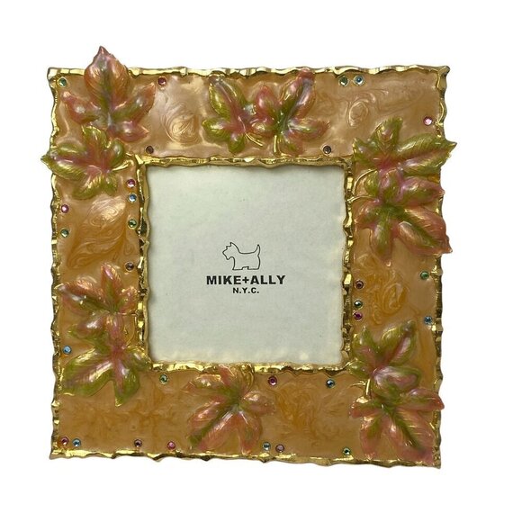 MIKE & ALLY Picture Frame Autumn Leaf Enamel Metal 3.5" Photo Yellow Orange - Picture 1 of 9